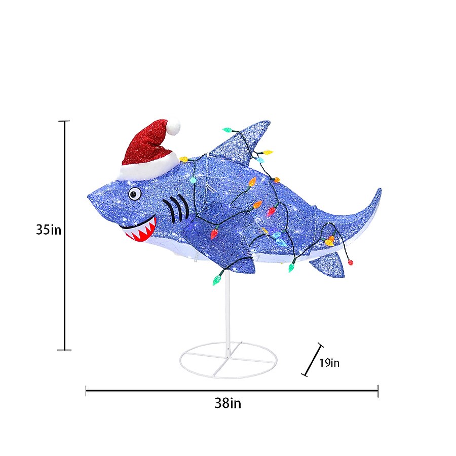 Sparkly Purple Shark Christmas Yard Figure with Twinkling LED and C6 Bulb Lights and Santa Hat