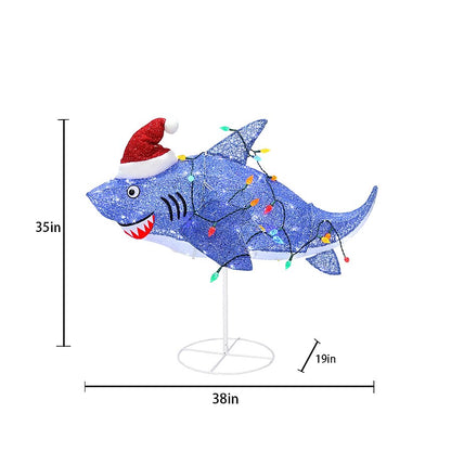 Sparkly Purple Shark Christmas Yard Figure with Twinkling LED and C6 Bulb Lights and Santa Hat