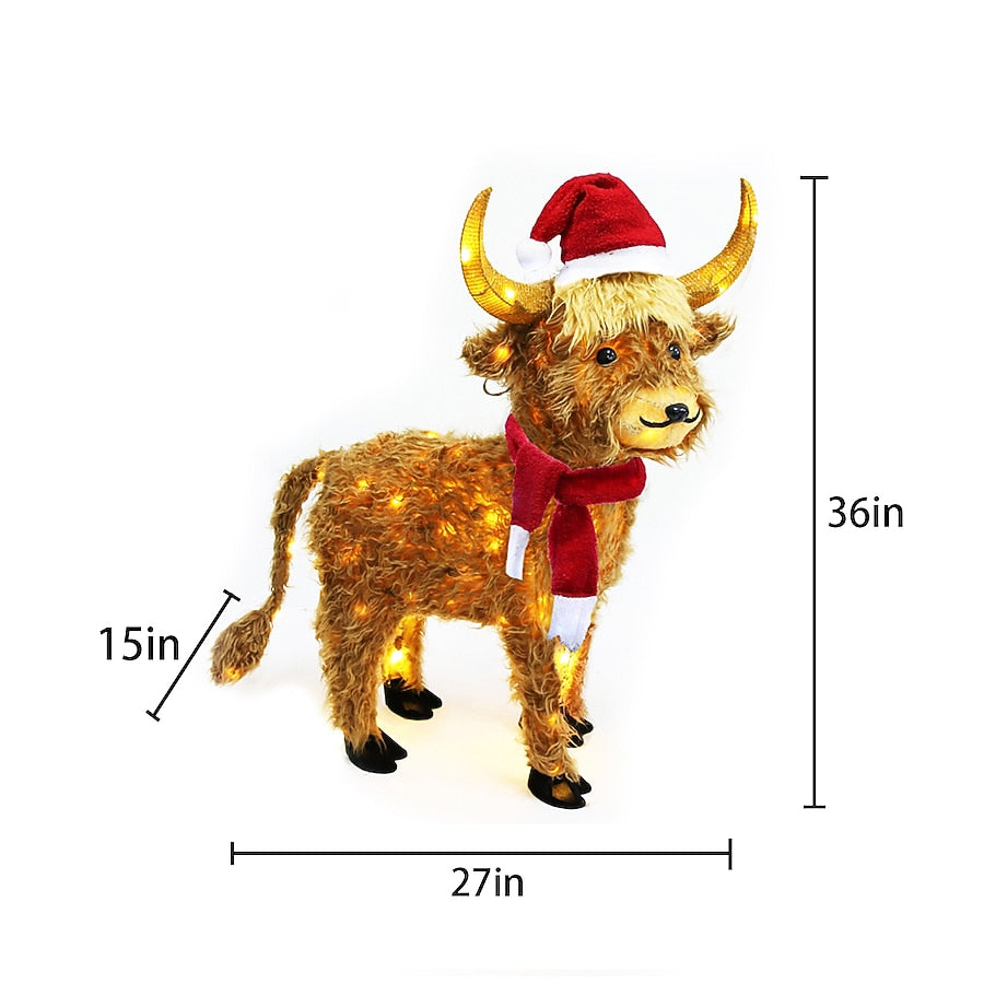 Shaggy Highland Cow Christmas Yard Figure with Warm White LEDs Red Scarf and Santa Hat