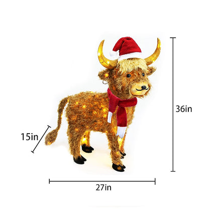 Shaggy Highland Cow Christmas Yard Figure with Warm White LEDs Red Scarf and Santa Hat