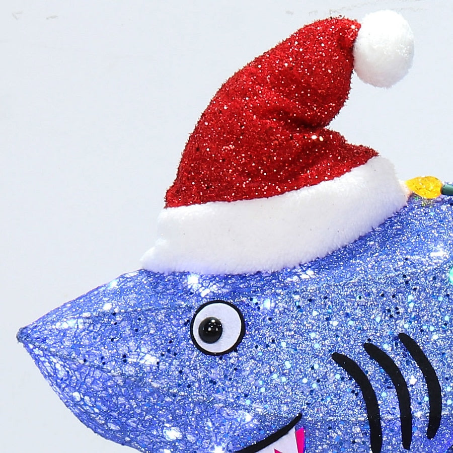 Sparkly Purple Shark Christmas Yard Figure with Twinkling LED and C6 Bulb Lights and Santa Hat