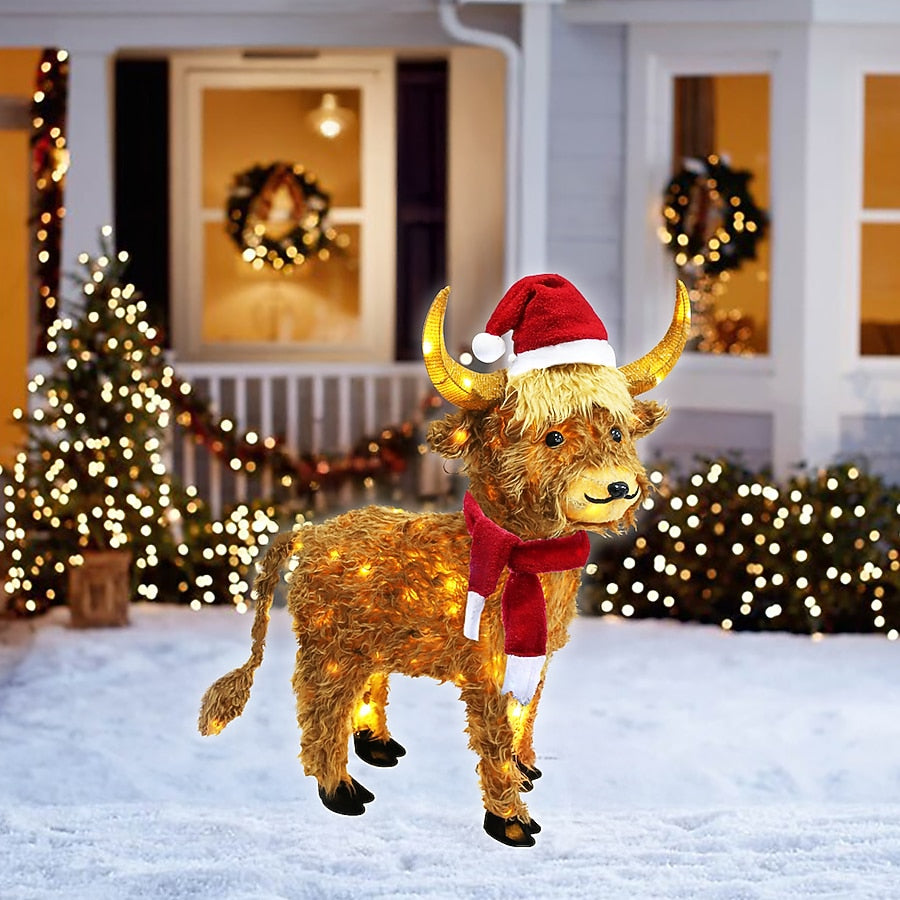 Shaggy Highland Cow Christmas Yard Figure with Warm White LEDs Red Scarf and Santa Hat
