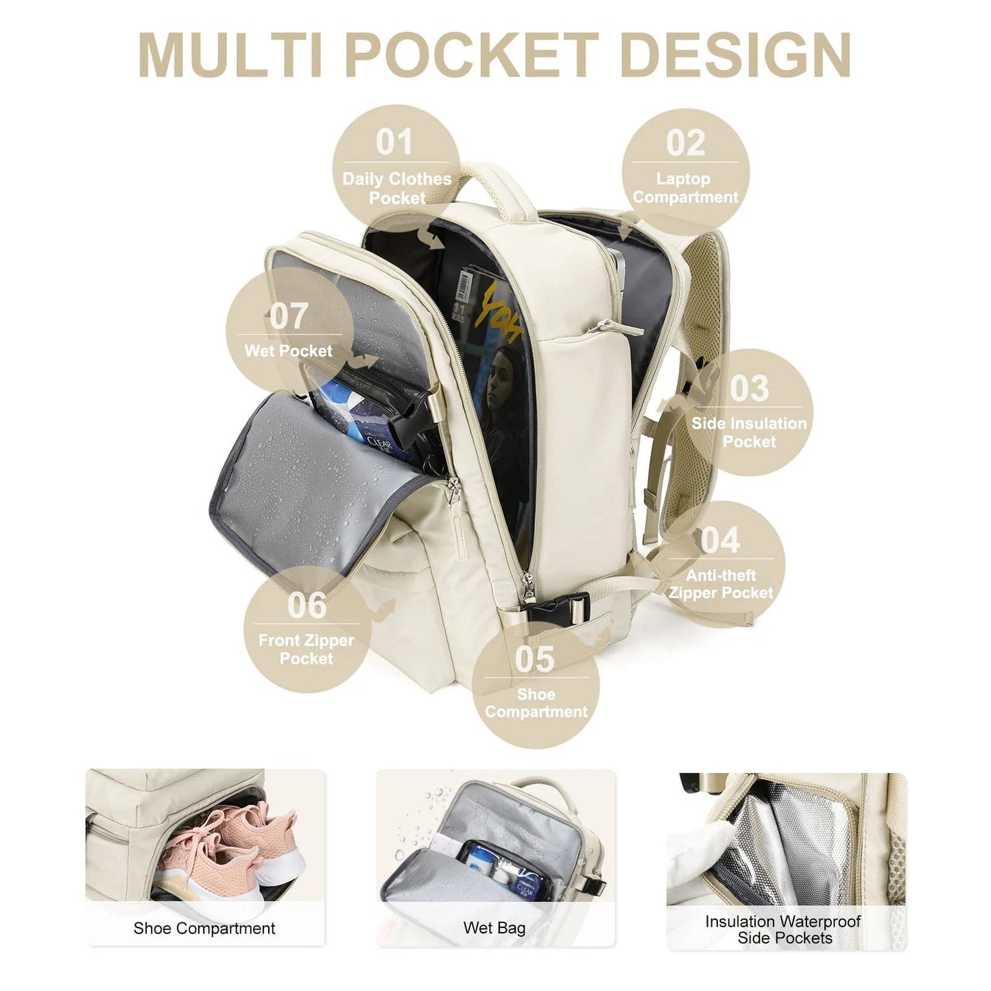 Women's 35L Travel Backpack with USB Charging Port and Laptop Compartment, Shoe and Wet Storage