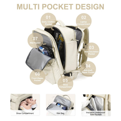 Women's 35L Travel Backpack with USB Charging Port and Laptop Compartment, Shoe and Wet Storage