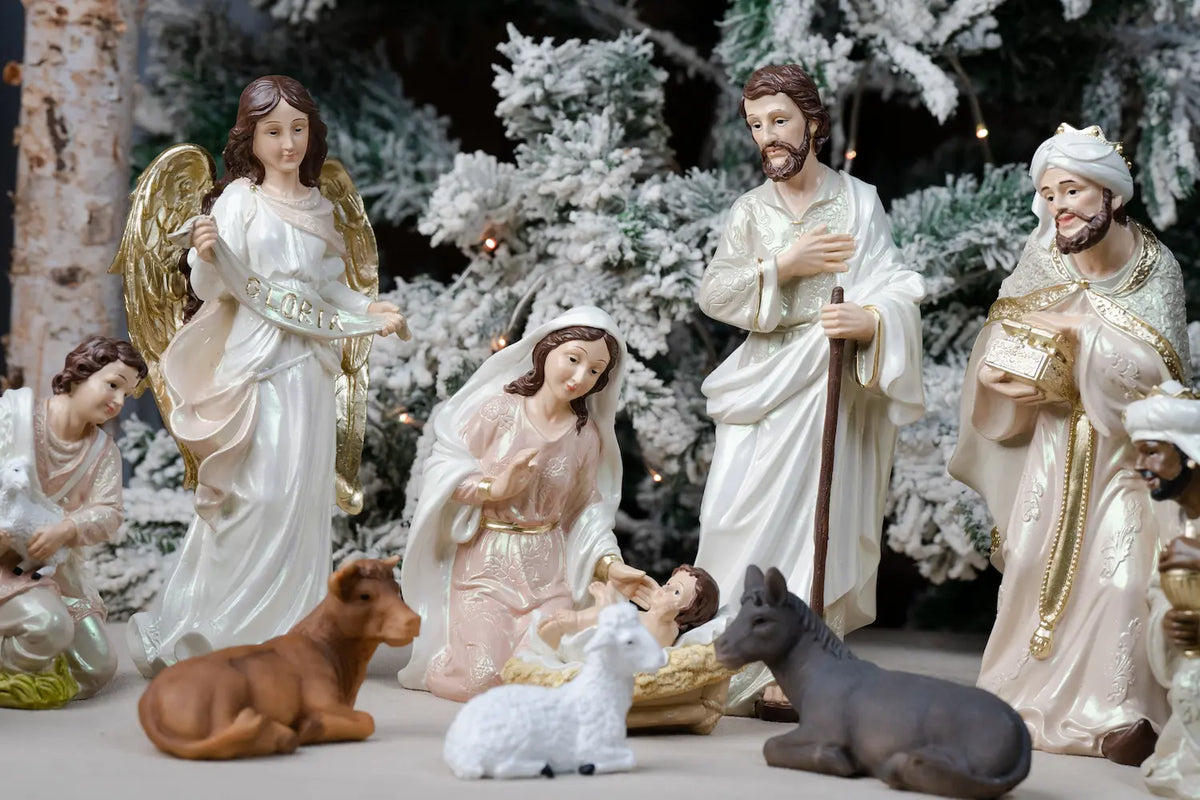 Eleven Piece Blush Pink and Ivory Resin Nativity Set with a Gloria Angel and Pearl Finish in Three Heights