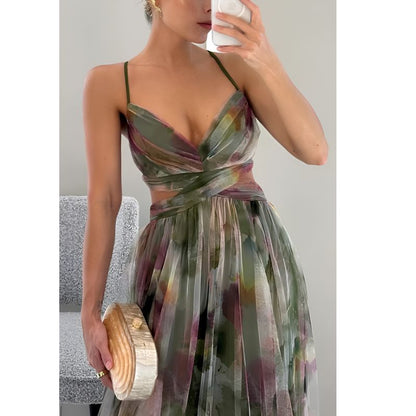 Floor Length Maxi Dress with V Neckline and Fitted Bodice, Abstract Multicolor Pattern