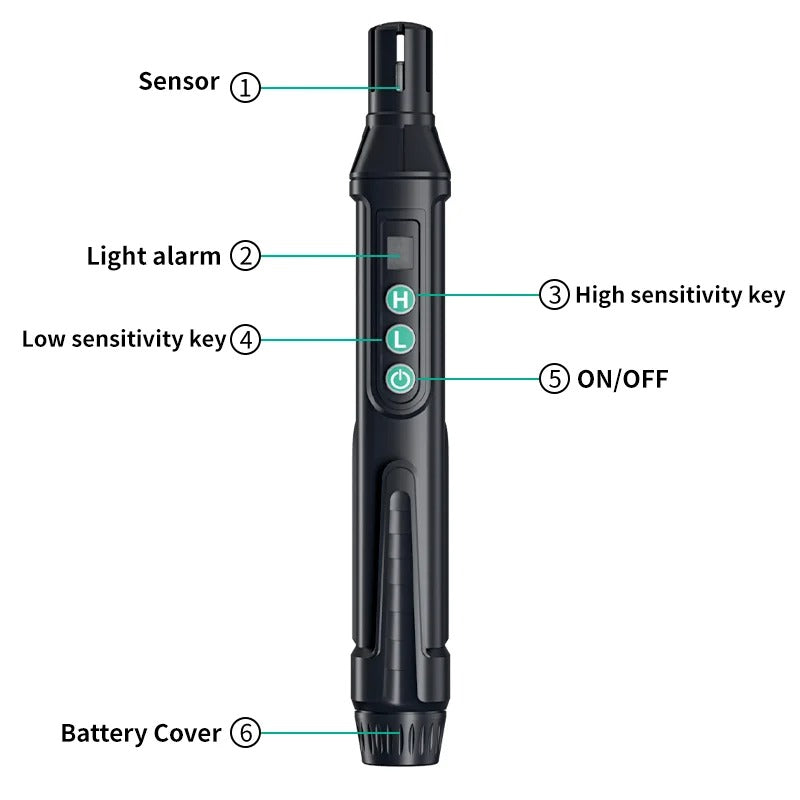 Handheld Gas Leak Detector with a Semiconductor Sensor, Sound and Light Alarm and Adjustable Sensitivity