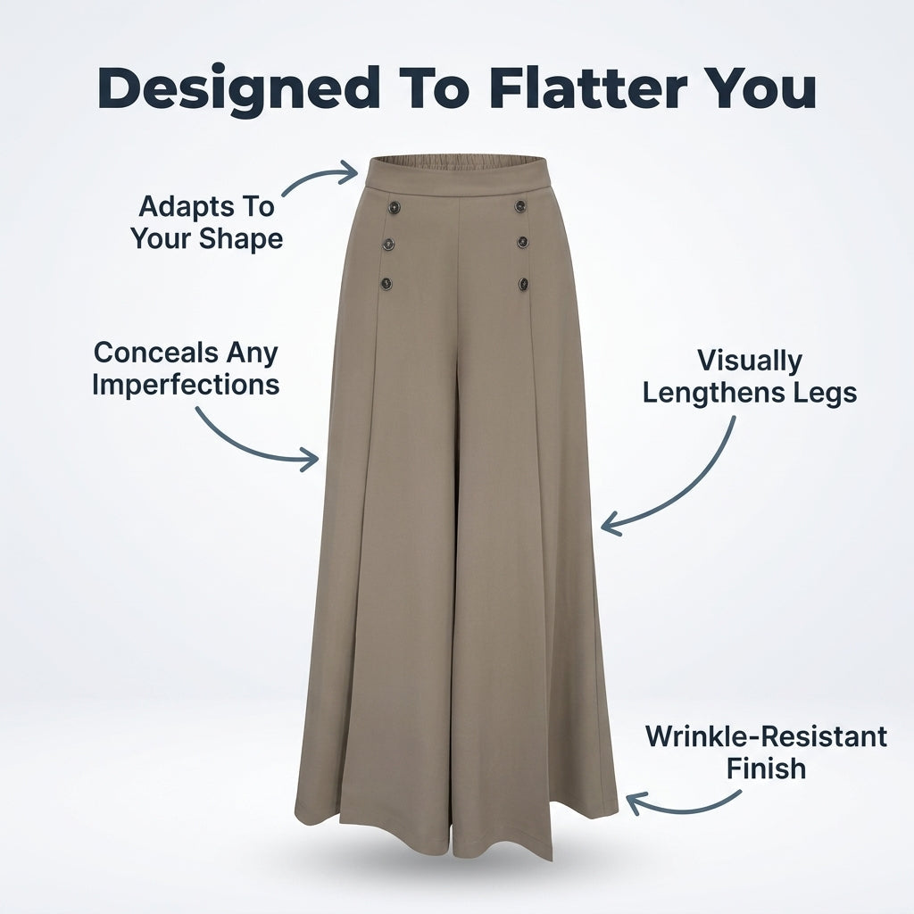 Wide Leg Pants with Pleated Front and Elastic Waistband, Wrinkle Resistant Cotton Blend