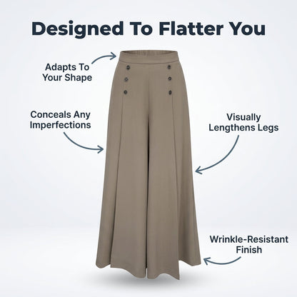 Wide Leg Pants with Pleated Front and Elastic Waistband, Wrinkle Resistant Cotton Blend