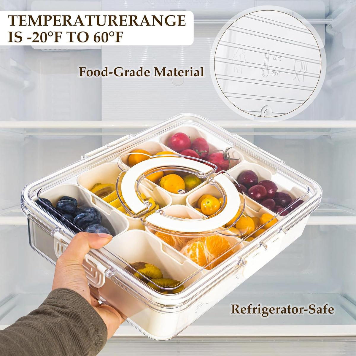 Divided Snack Serving Tray with 8 Compartments and Snap Buckle Lid for Parties