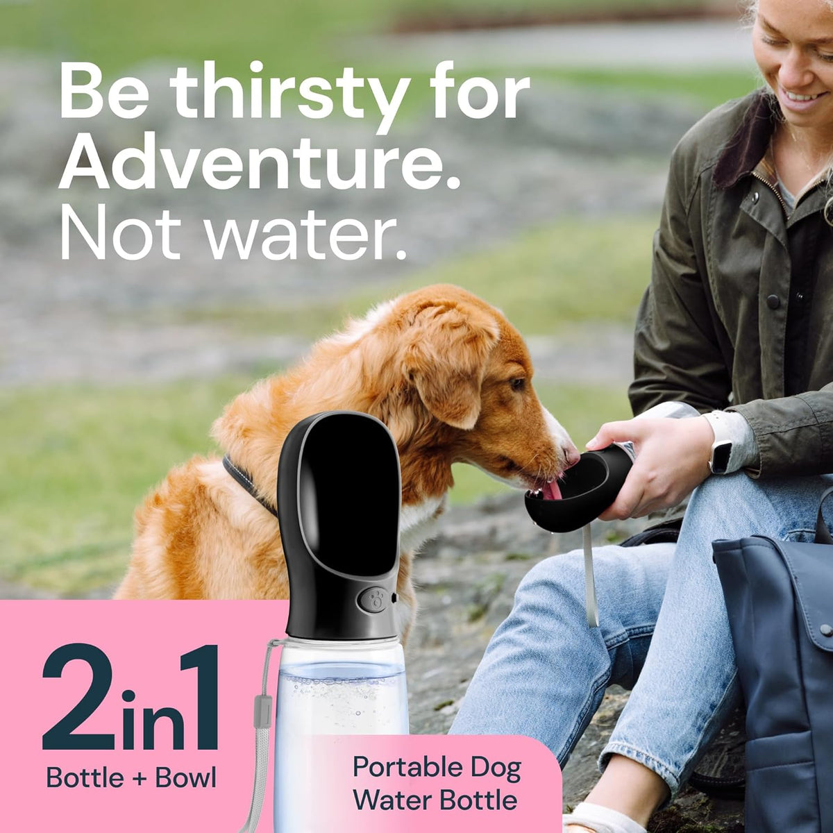 Dog Water Bottle with Attached Bowl and One Button Control, 19 oz