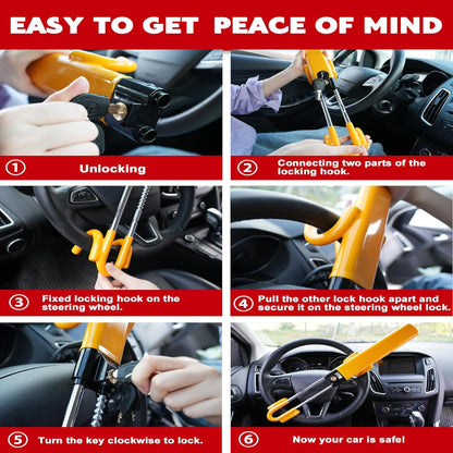 Anti-Theft Steering Wheel Lock with Four-Hook Grip and Three Keys