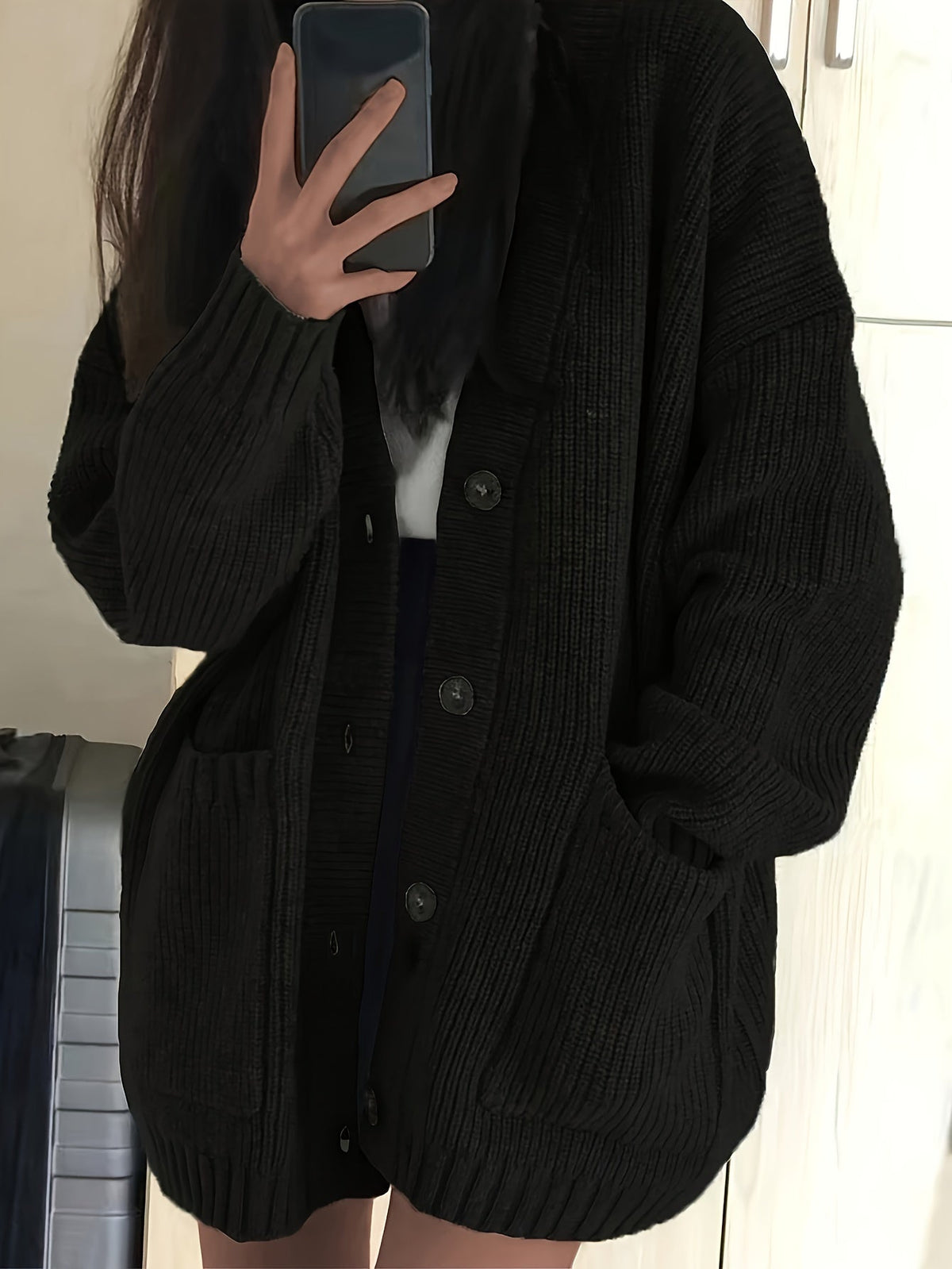 Chunky Ribbed Cardigan with Button Front Closure and Hip Pockets