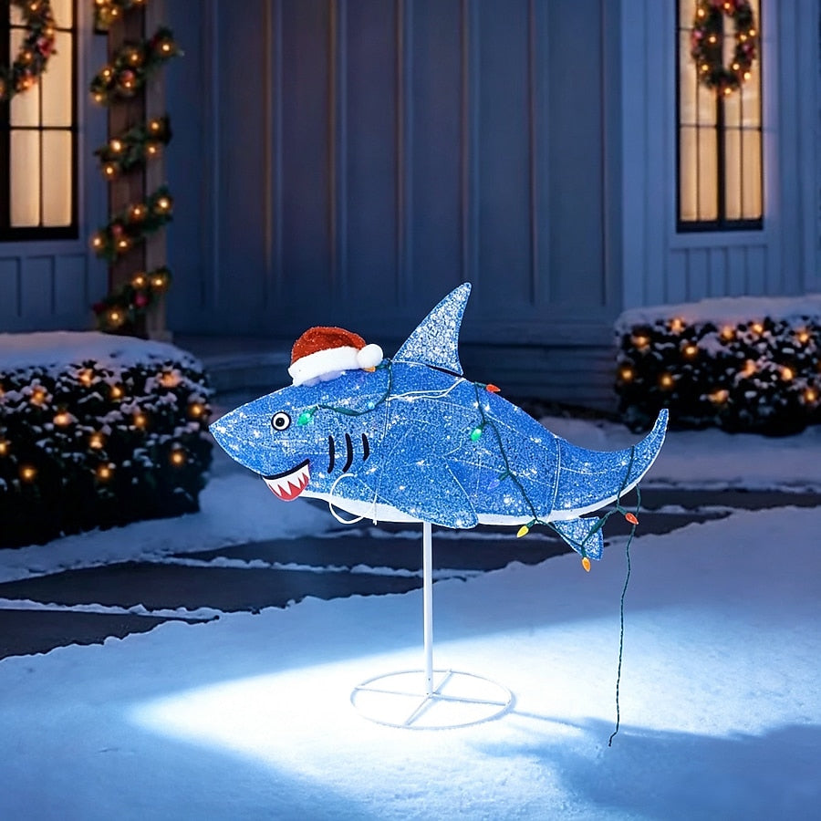 Sparkly Purple Shark Christmas Yard Figure with Twinkling LED and C6 Bulb Lights and Santa Hat