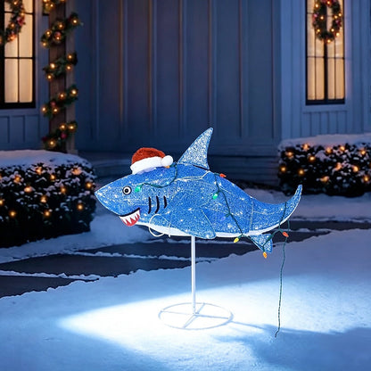 Sparkly Purple Shark Christmas Yard Figure with Twinkling LED and C6 Bulb Lights and Santa Hat