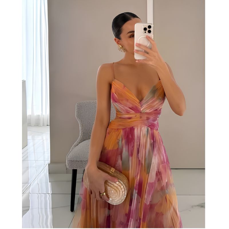 Floor Length Maxi Dress with V Neckline and Fitted Bodice, Abstract Multicolor Pattern