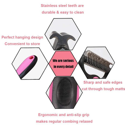 Pet Grooming Brush with Steel Blade Teeth and Rounded Edges for Medium to Long Fur