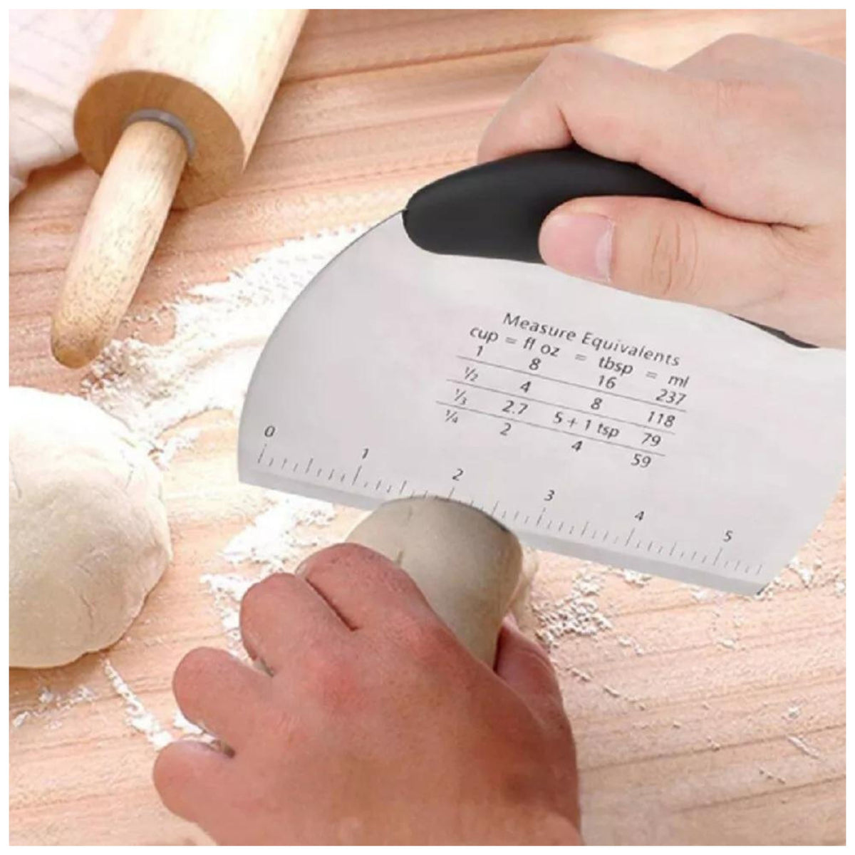 Stainless Steel Dough Scraper with Measurement Markings and Non Slip Handle
