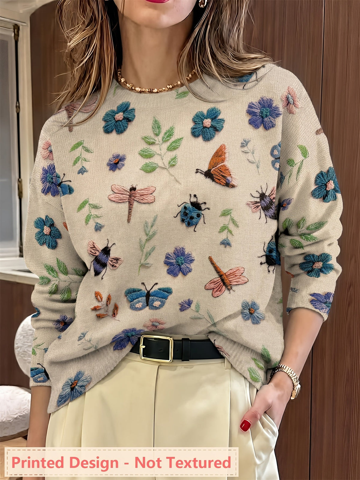 Womens Botanical Crewneck Sweater with Floral and Butterfly Print