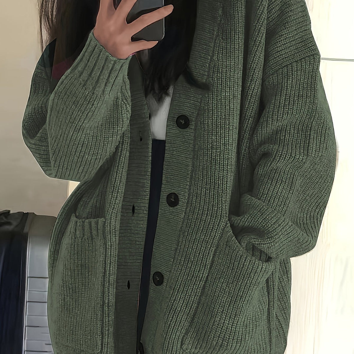 Chunky Ribbed Cardigan with Button Front Closure and Hip Pockets