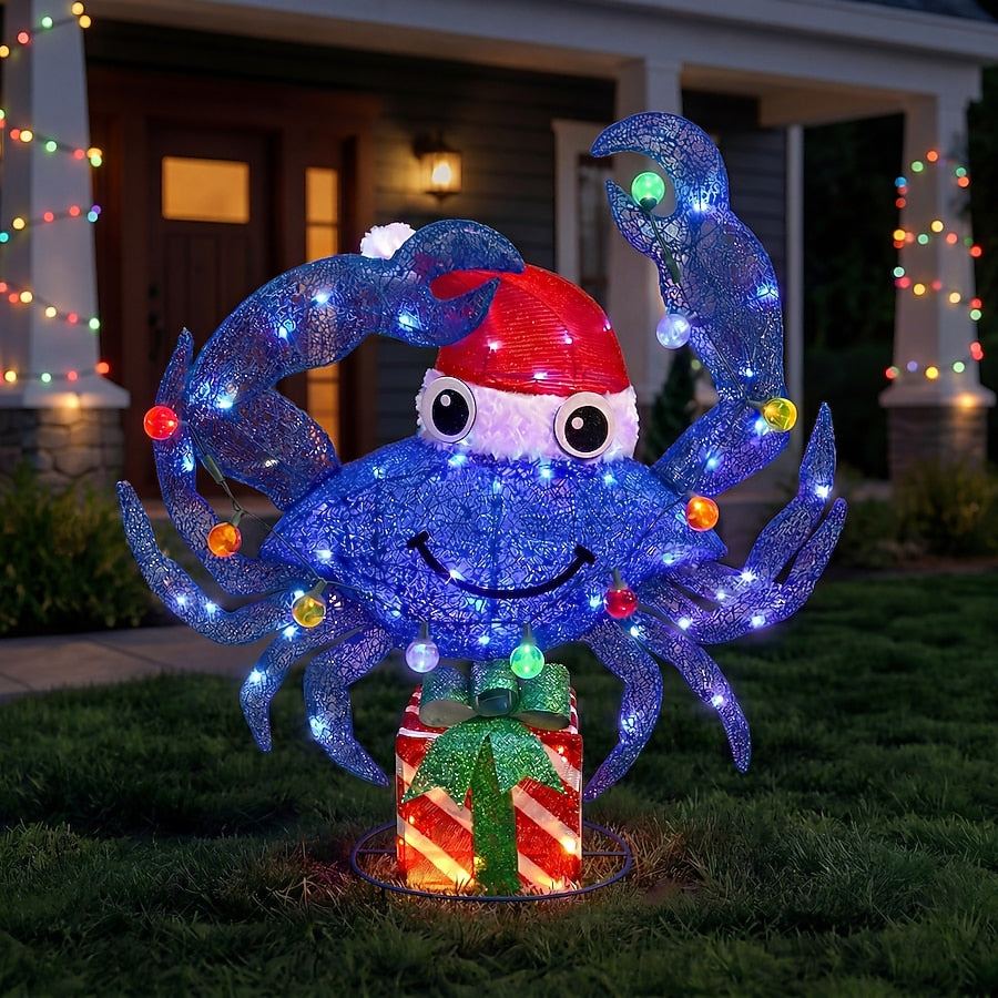 Purple Crab Christmas Yard Figure with Twinkling Multicolor LEDs and Santa Hat for Patios and Porches