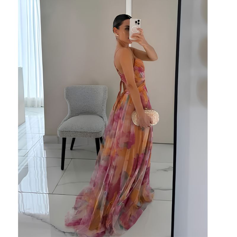 Floor Length Maxi Dress with V Neckline and Fitted Bodice, Abstract Multicolor Pattern