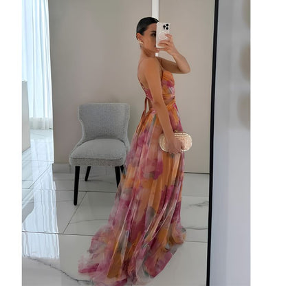 Floor Length Maxi Dress with V Neckline and Fitted Bodice, Abstract Multicolor Pattern