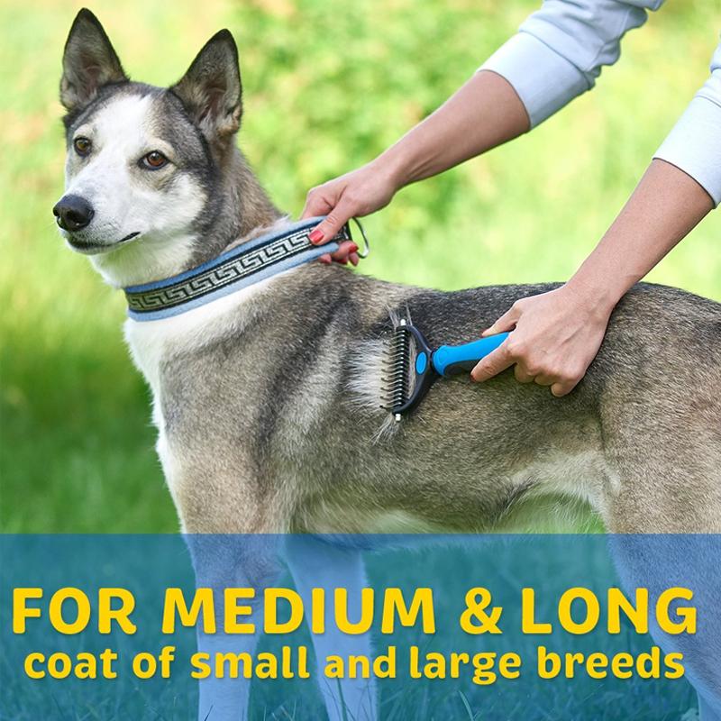 Pet Grooming Brush with Steel Blade Teeth and Rounded Edges for Medium to Long Fur