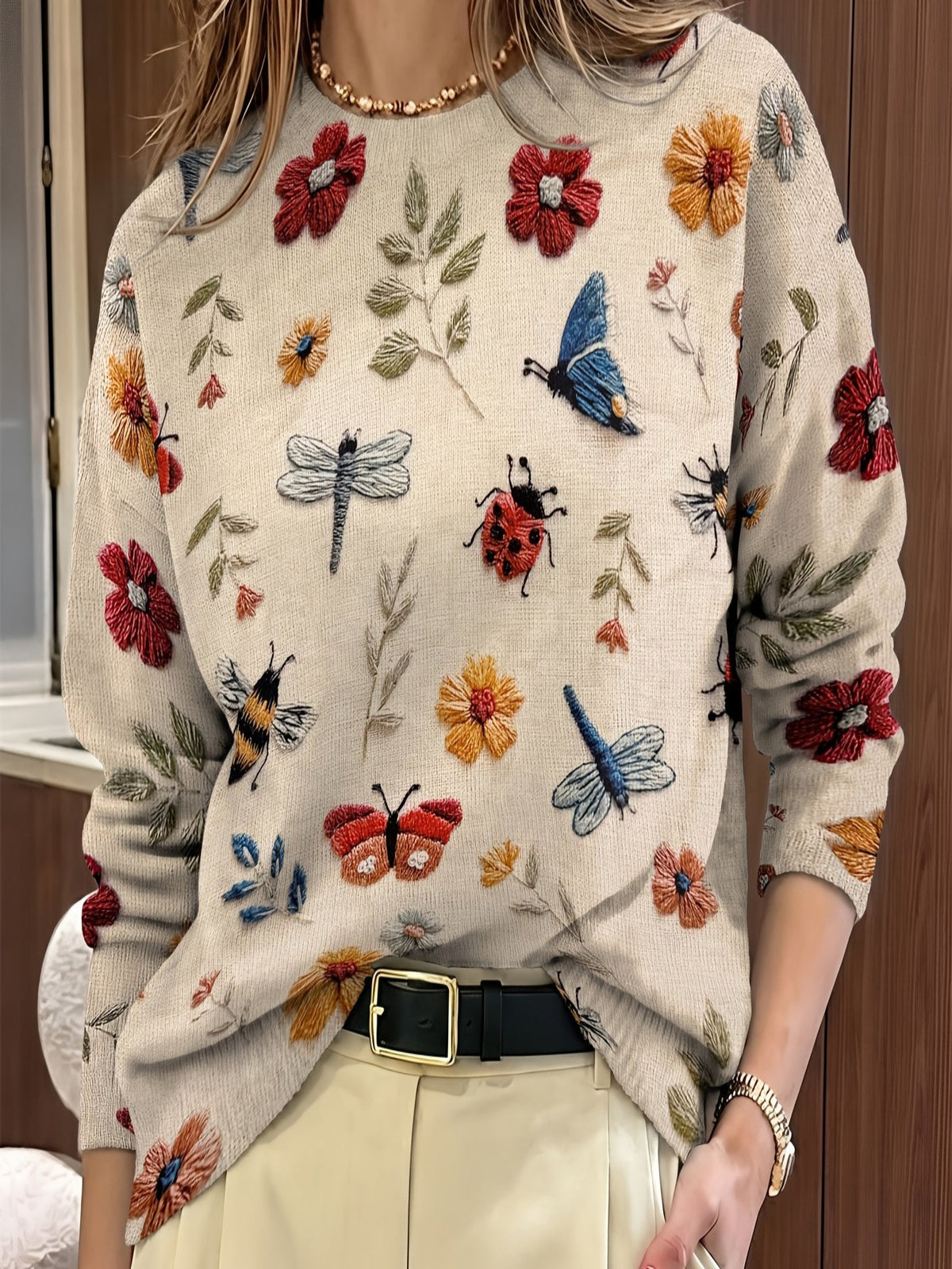 Womens Botanical Crewneck Sweater with Floral and Butterfly Print