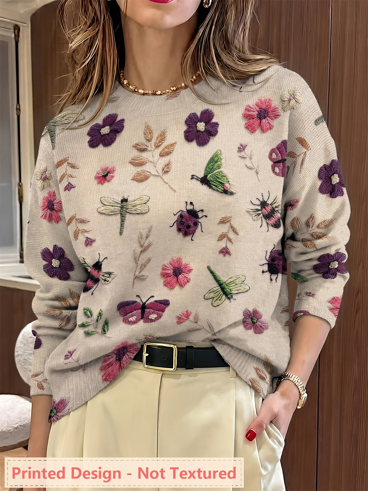 Womens Botanical Crewneck Sweater with Floral and Butterfly Print
