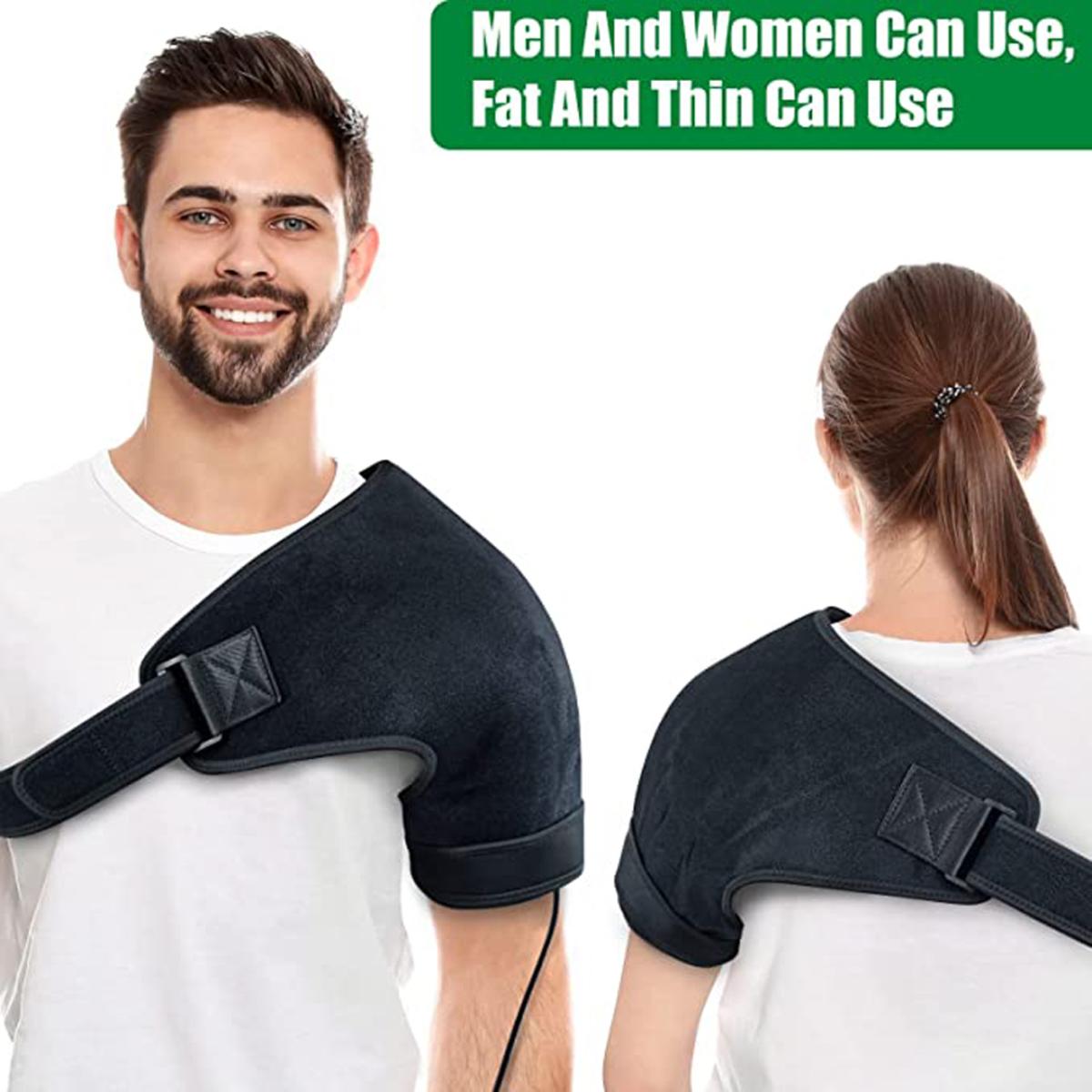 UTK Technology black heated shoulder wrap worn by a man and a woman