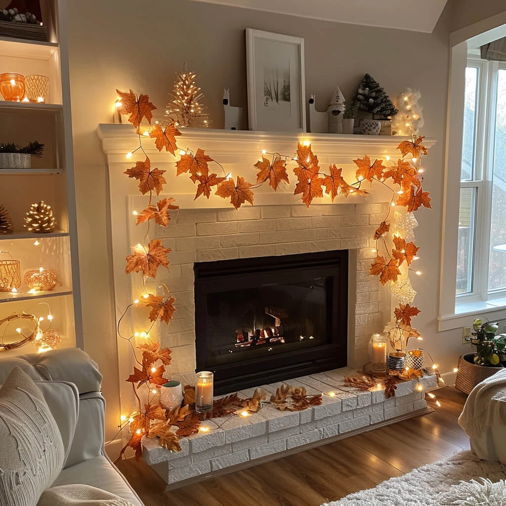 Indoor Fairy Light Garland with Woven Ornaments in Fall Maple, Red Berry, Lemon, Lavender and Cool Maple Styles