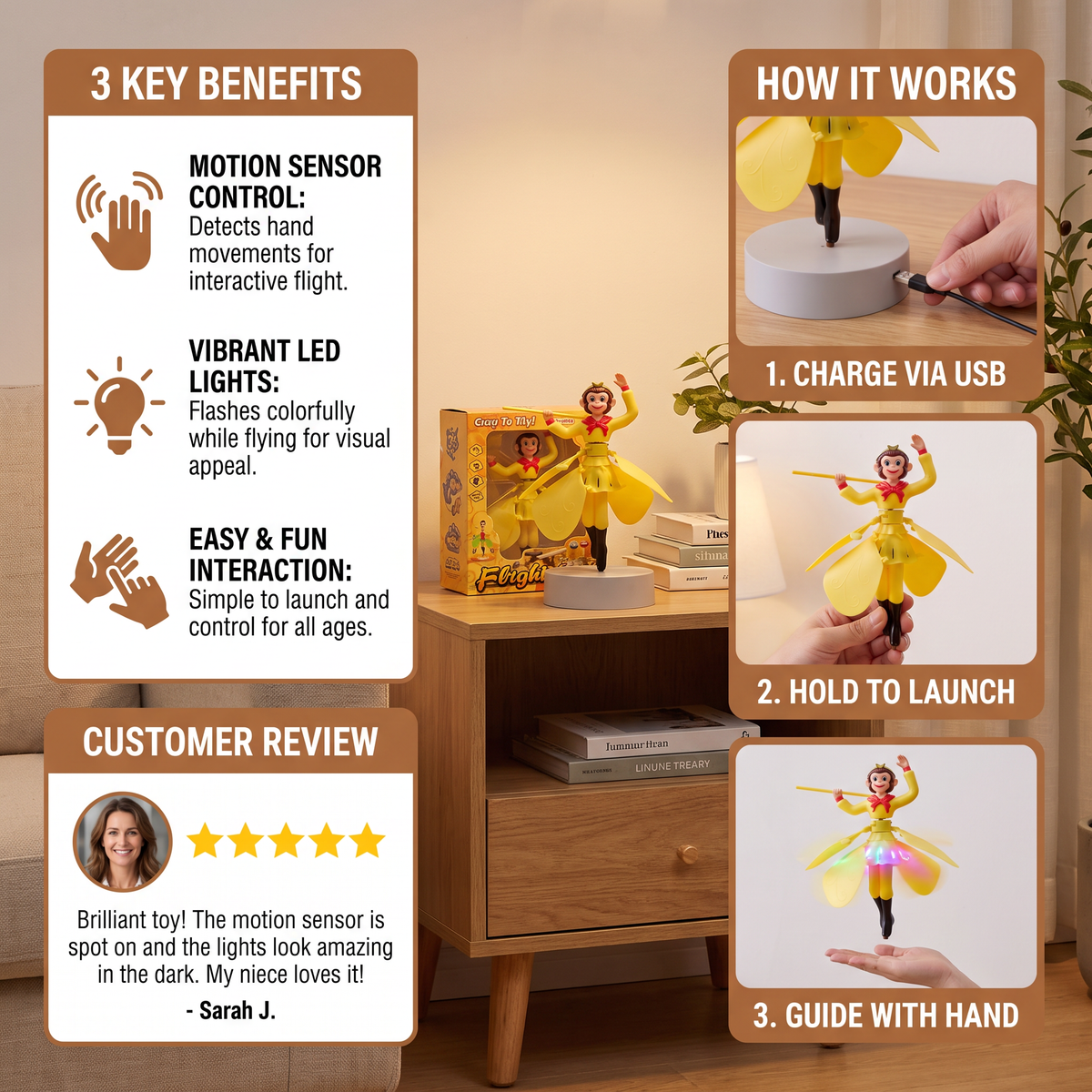 Flying Monkey Toy with Motion Sensor and Colorful LED Lights for Kids