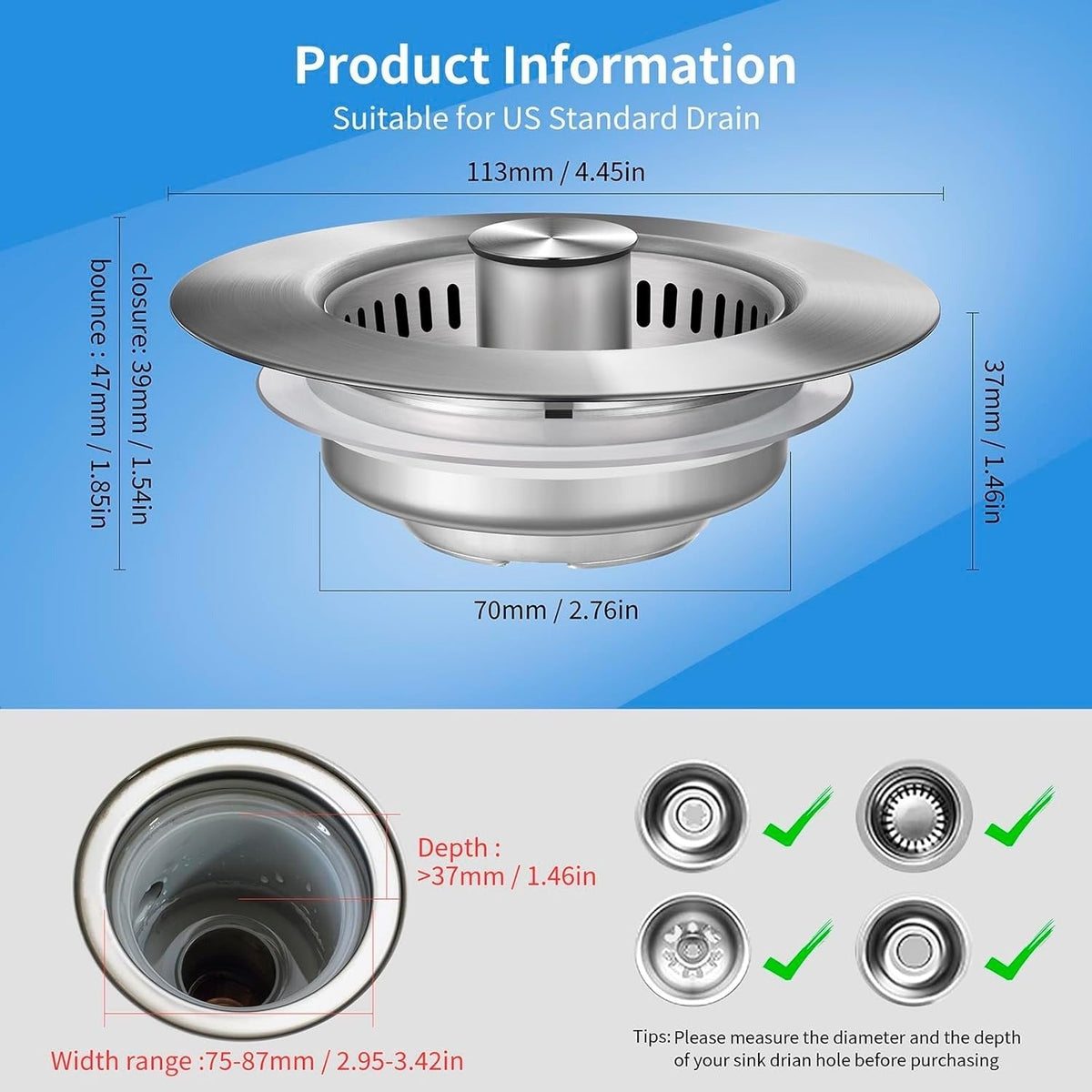Pop Up Drain Strainer with Steel Mesh Basket and Button Control for 3.5 Inch Kitchen Sinks