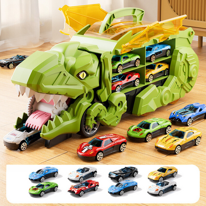 Dinosaur Truck Toy That Transforms and Swallows Two Cars with Flashing Lights in Blue Green Or Red