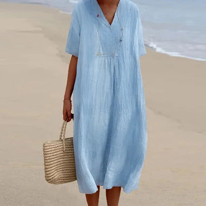 Summer Linen Midi Dress  V-Neck Loose Fit Design - Product detail 8