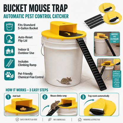 Automatic Bucket Trap Lid with Flip Platform and Ladder for Mice and Rats, 4 Pack