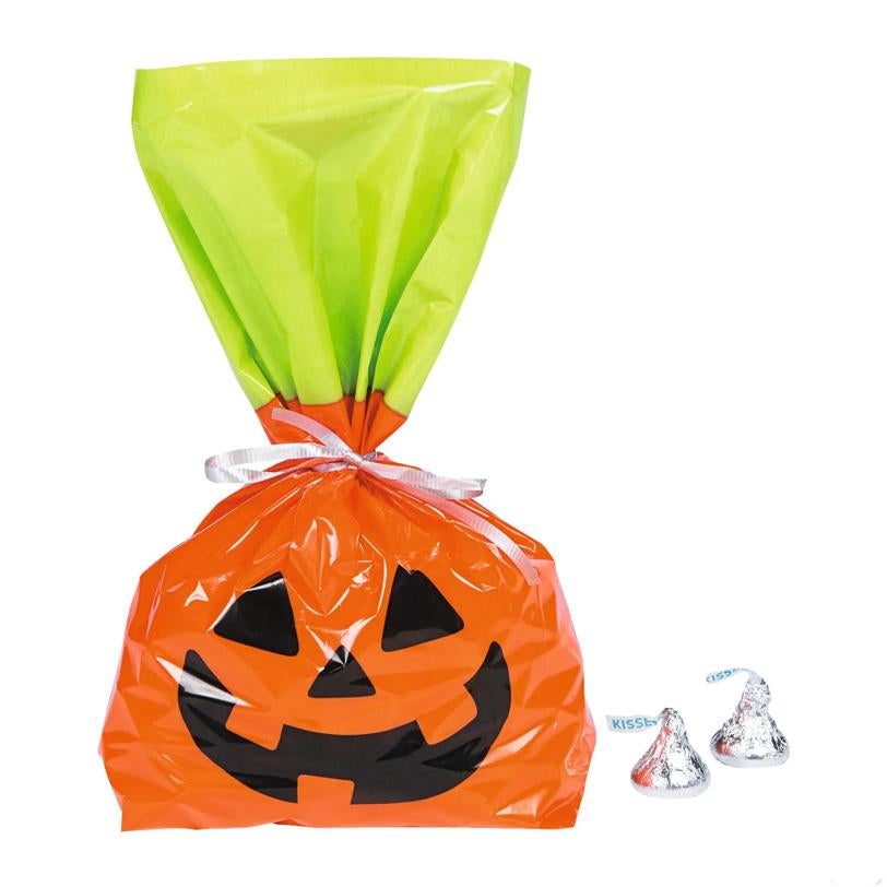 Orange Pumpkin Cellophane Treat Bags Pack of 50 with Lime Green Top for Halloween Events