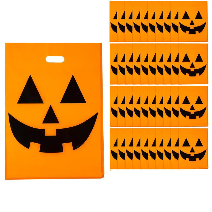 Orange Plastic Halloween Candy Bags Pack of 50 with Pumpkin Face and Cutout Handle for Large Hauls