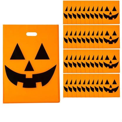 Orange Plastic Halloween Candy Bags Pack of 50 with Pumpkin Face and Cutout Handle for Large Hauls