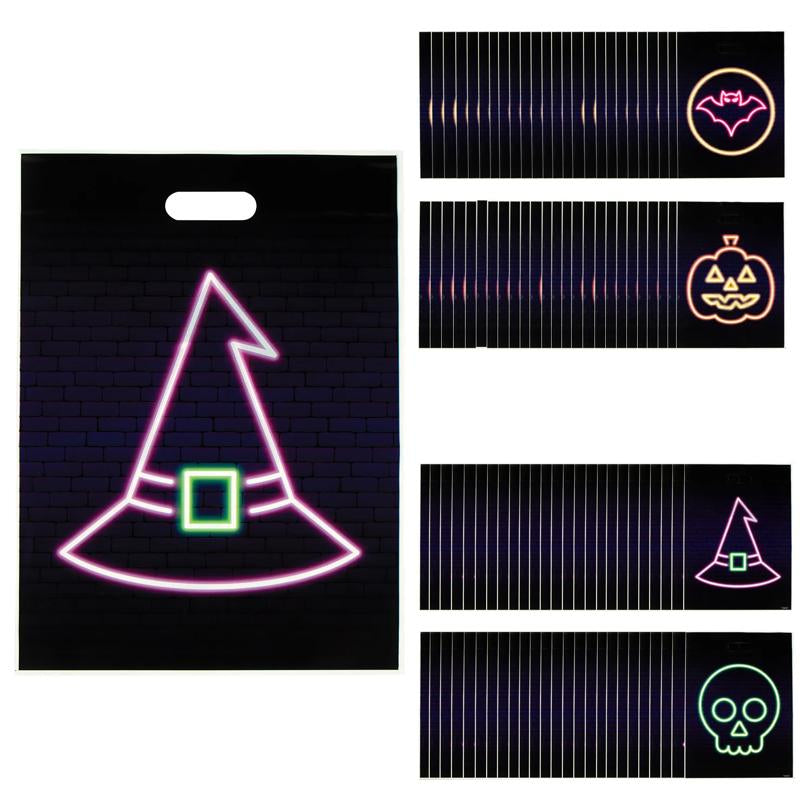 Neon Outline Halloween Goody Bags Pack of 100 with Bat Pumpkin Witch Hat and Skull Designs