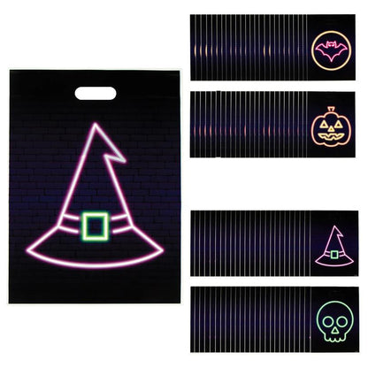 Neon Outline Halloween Goody Bags Pack of 100 with Bat Pumpkin Witch Hat and Skull Designs