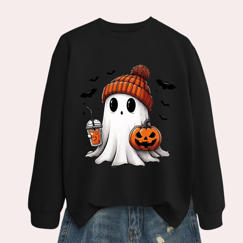 Women Halloween Sweatshirt with Ghost and Pumpkin Print, Polyester Cotton Blend