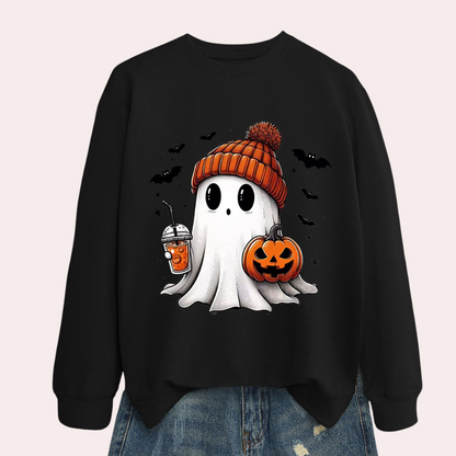 Women Halloween Sweatshirt with Ghost and Pumpkin Print, Polyester Cotton Blend