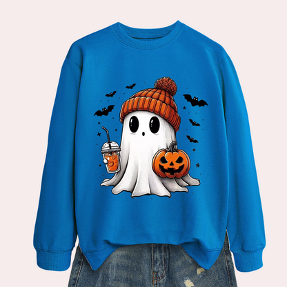 Women Halloween Sweatshirt with Ghost and Pumpkin Print, Polyester Cotton Blend