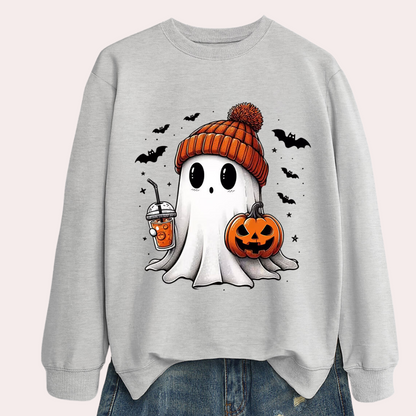 Women Halloween Sweatshirt with Ghost and Pumpkin Print, Polyester Cotton Blend