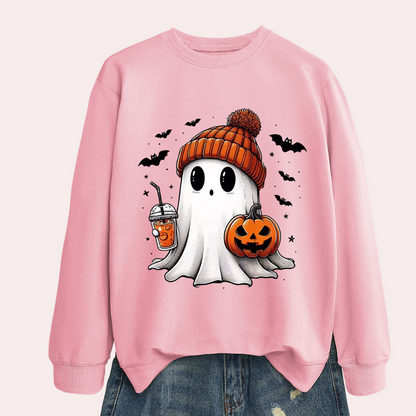 Women Halloween Sweatshirt with Ghost and Pumpkin Print, Polyester Cotton Blend