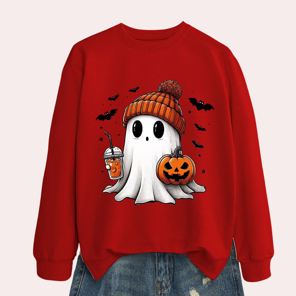 Women Halloween Sweatshirt with Ghost and Pumpkin Print, Polyester Cotton Blend