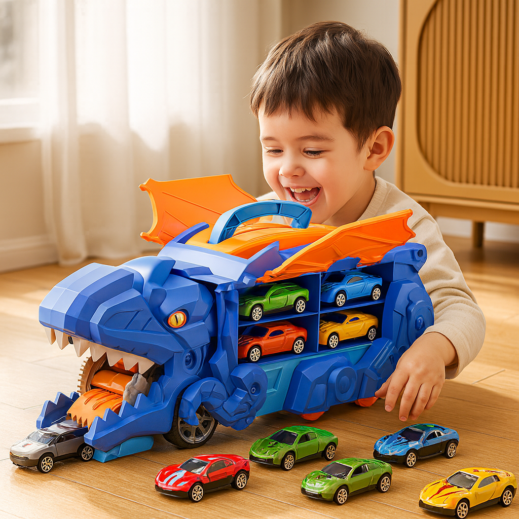 Dinosaur Truck Toy That Transforms and Swallows Two Cars with Flashing Lights in Blue Green Or Red