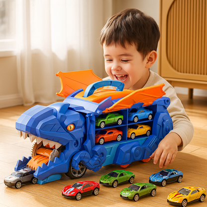 Dinosaur Truck Toy That Transforms and Swallows Two Cars with Flashing Lights in Blue Green Or Red